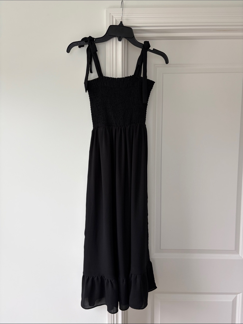 Everly Black Smocked Midi Dress with Tie Straps and Ruffle Hem